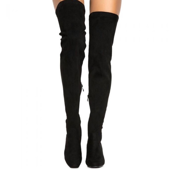Black Suede Thigh High Block Heel Boots (Size 7) - Picture 3 of 7
